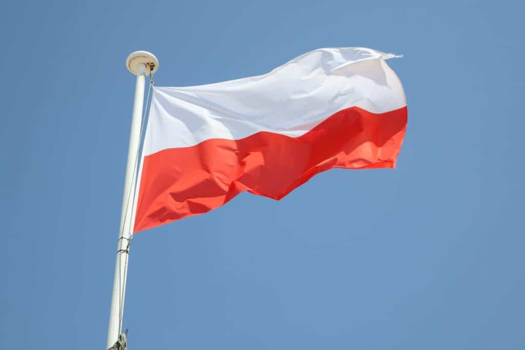 bandera de polonia sobre una estera al viento y cielo azul